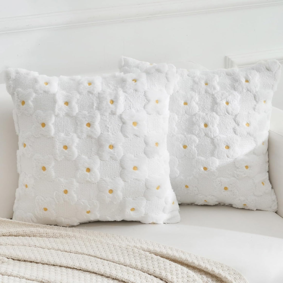 Blumen Kissenbezug 45x45 cm, Sofakissen Frühling Sommer Deko Outdoor Zierkissenbezüge Stickerei Kissen Kissenhülle kleines Gänseblümchen für Garten Sofa Wohnzimmer Schlafzimmer 2er Set