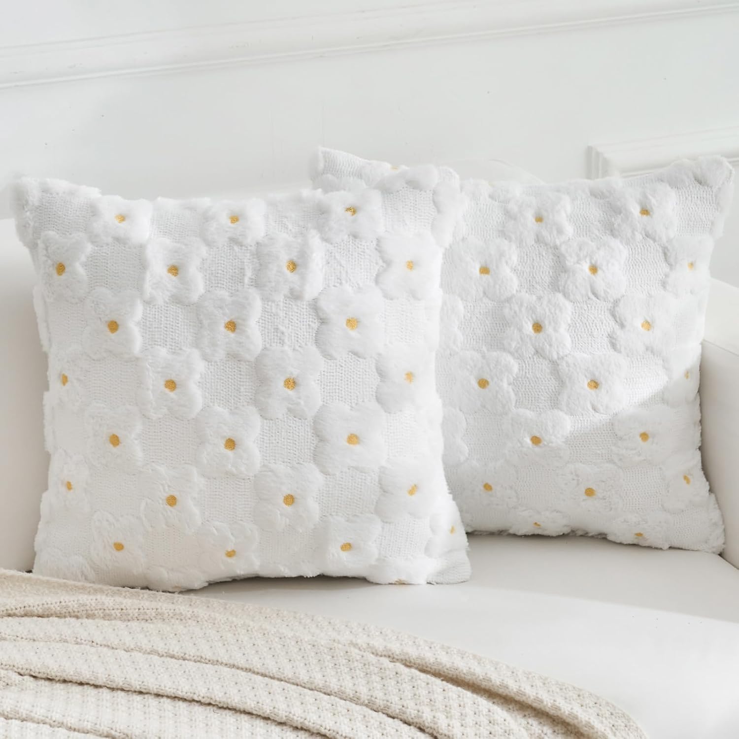 Blumen Kissenbezug 45x45 cm, Sofakissen Frühling Sommer Deko Outdoor Zierkissenbezüge Stickerei Kissen Kissenhülle kleines Gänseblümchen für Garten Sofa Wohnzimmer Schlafzimmer 2er Set