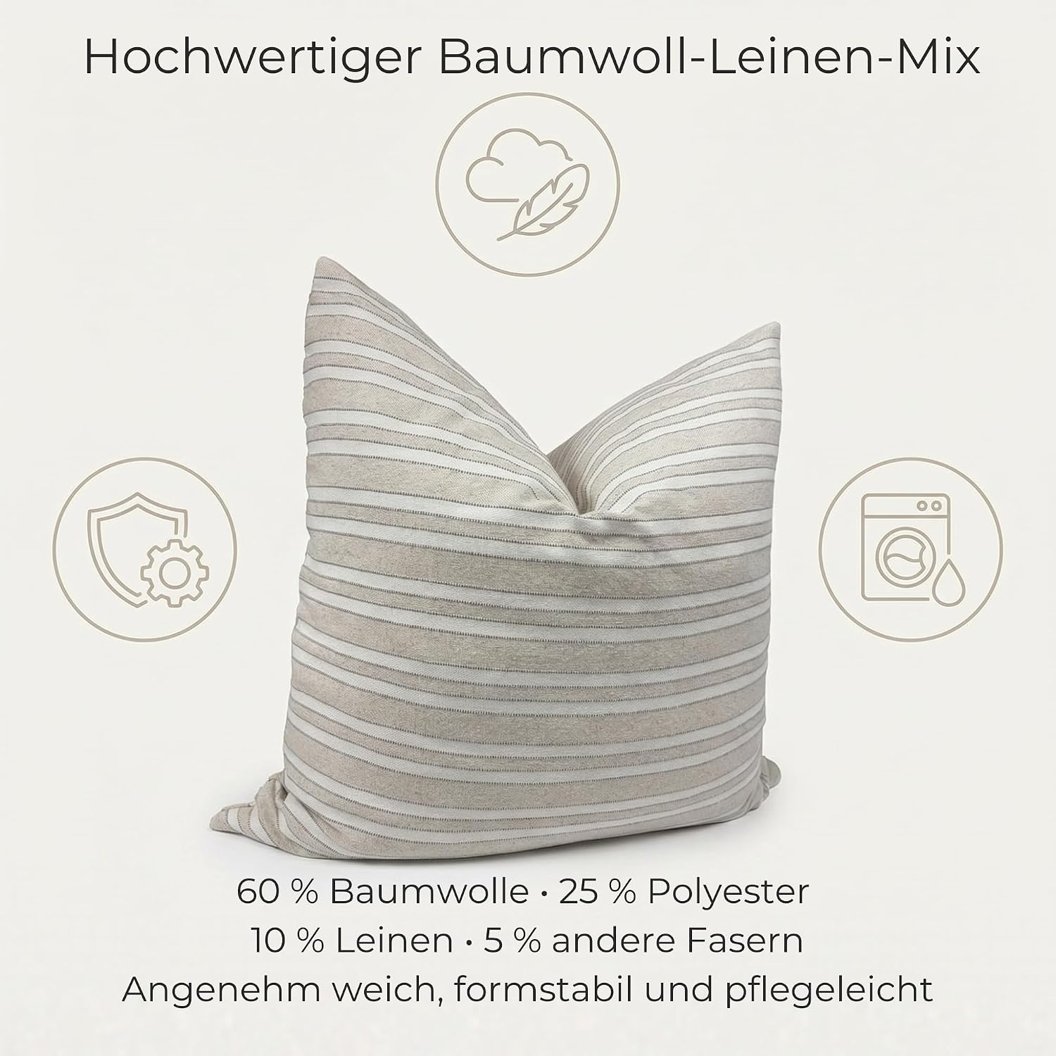 Kissenbezug 50x50 cm - Beige Grau, gestreifte Kissenhülle aus Baumwolle-Leinen-Mix, Dekokissen für Sofa & Couch, EU-Herstellung, 1 Stück – Málaga