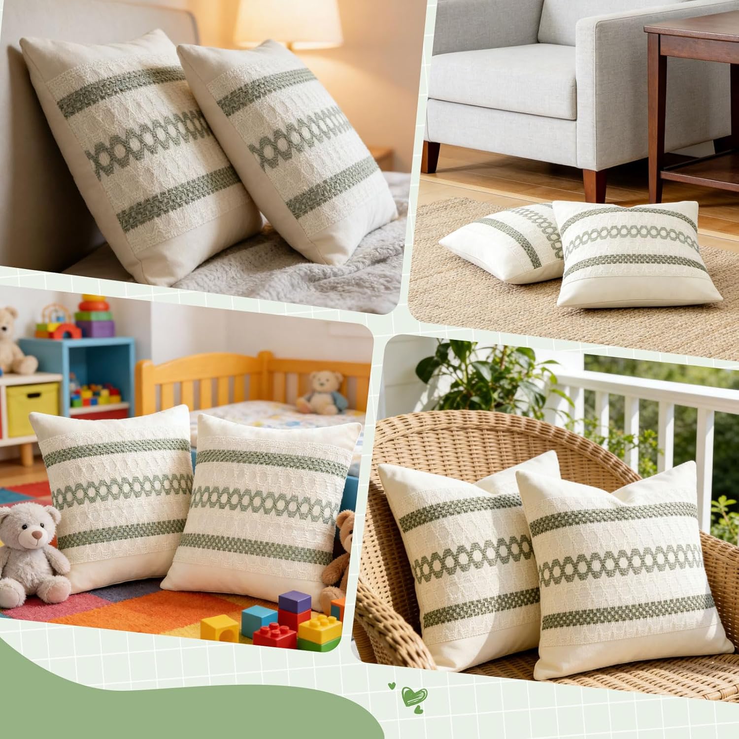 2er-Set Kissenbezüge Salbeigrün Boho Makramee Deko Kissenhüllen Baumwolle Polyester Modern Retro Sofakissen für Wohnzimmer Schlafzimmer Stuhl(45 * 45cm)