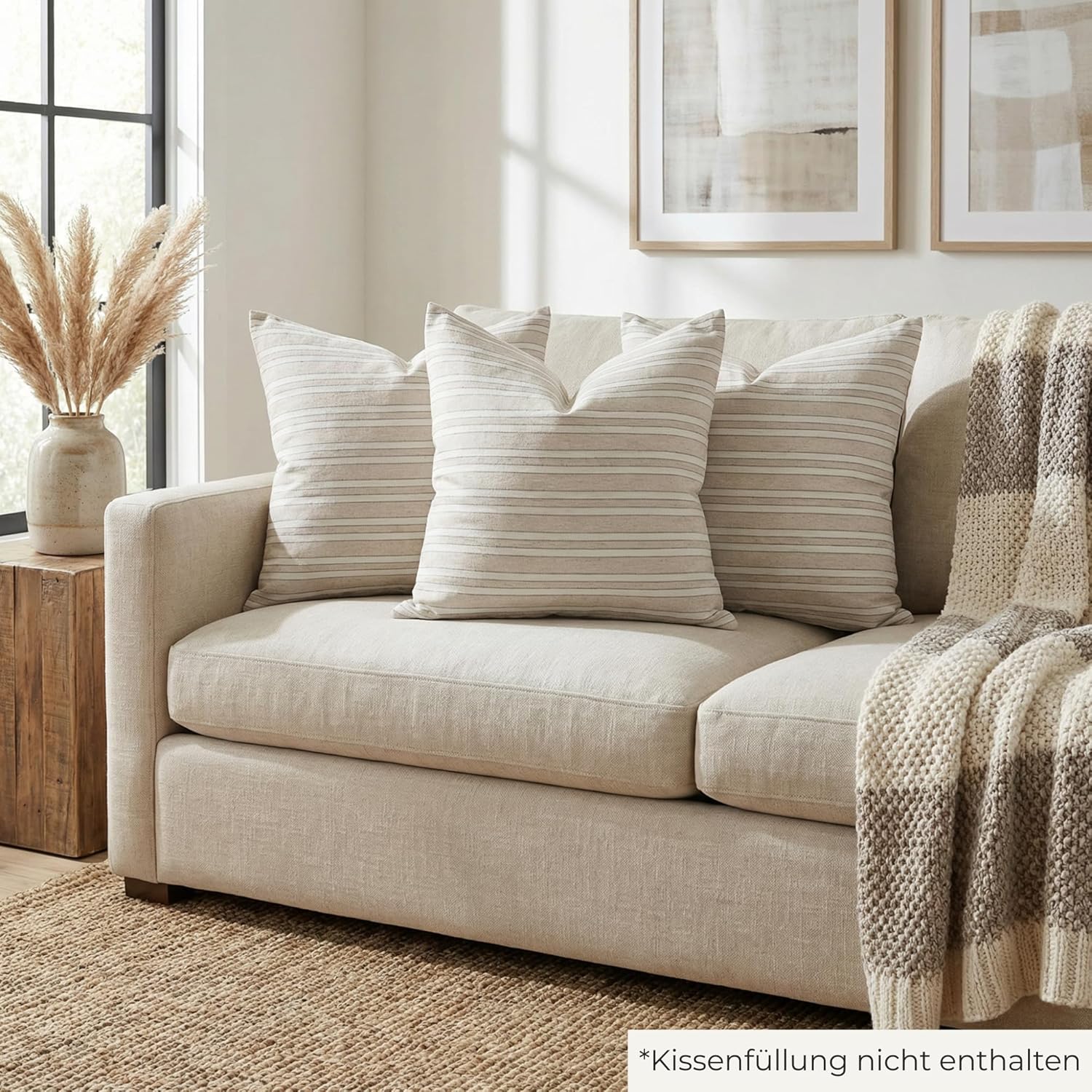 Kissenbezug 50x50 cm - Beige Grau, gestreifte Kissenhülle aus Baumwolle-Leinen-Mix, Dekokissen für Sofa & Couch, EU-Herstellung, 1 Stück – Málaga